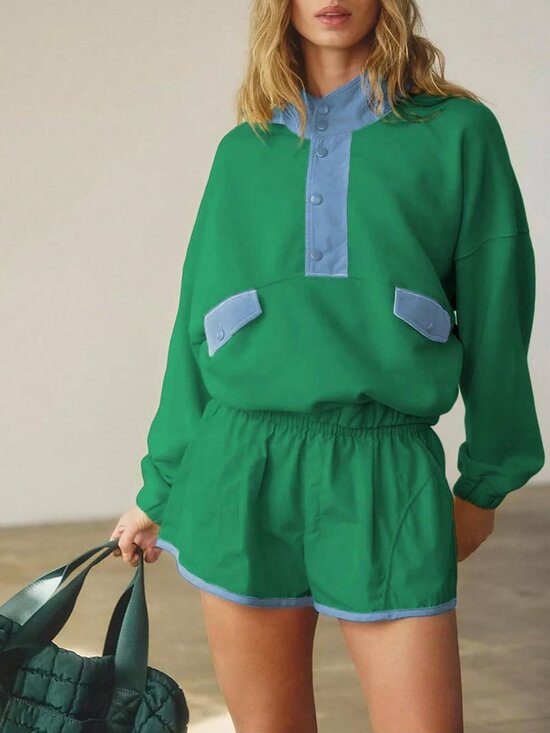 Tops - Green Casual Women's Contrast Pocket Zipper Drop Shoulder Two Piece Set